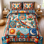 Turquoise Sun Hummingbird Sacred Bird quilted 3-piece bedding set on a made bed in a softly lit bedroom