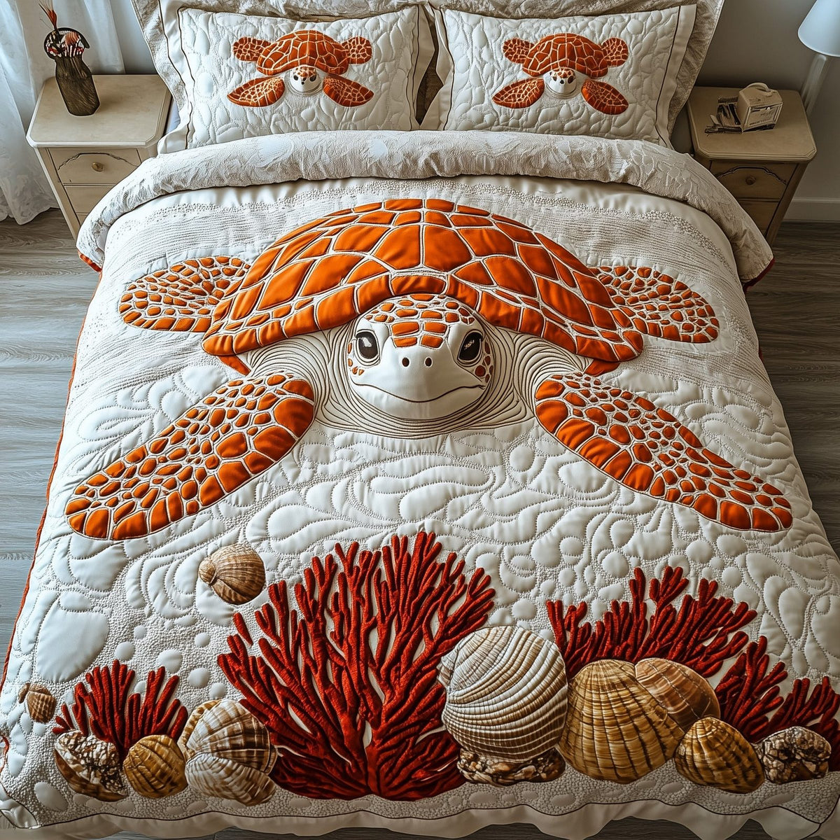 Turtle Coral quilted 3-piece bedding set on a made bed in a light coastal bedroom