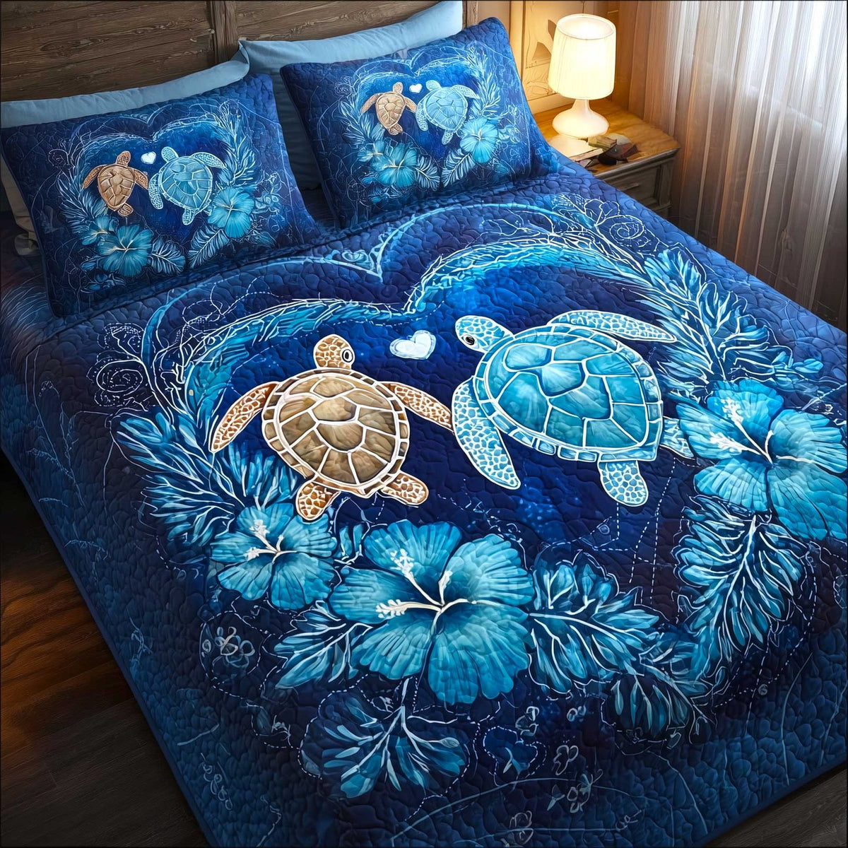 Turtle Oasis Navy quilted 3-piece bedding set on a made bed in a warmly lit bedroom