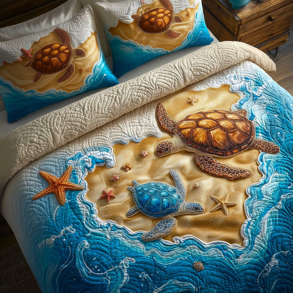 Turtle Oasis Pair quilted 3-piece bedding set on a made bed in a light coastal bedroom