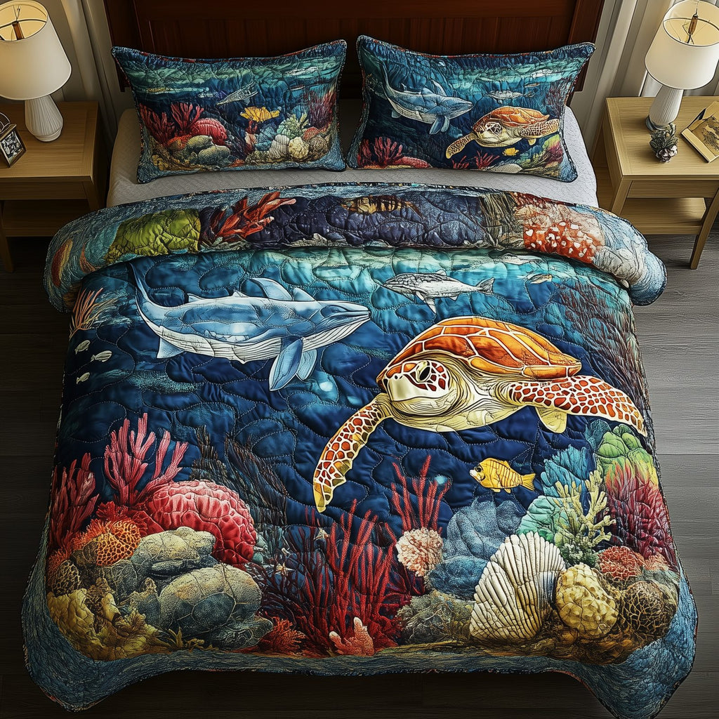 Turtle Ocean Reef quilted 3-piece bedding set on a made bed in a light coastal bedroom
