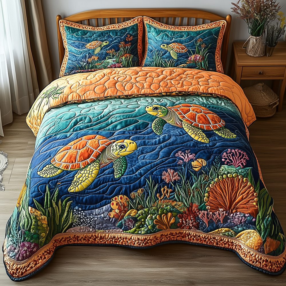 Turtle Orange quilted 3-piece bedding set on a made bed in a light coastal bedroom