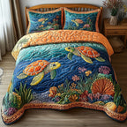 Turtle Orange quilted 3-piece bedding set on a made bed in a light coastal bedroom