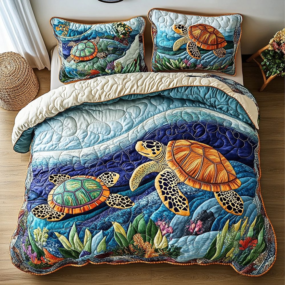 Turtle Pair quilted 3-piece bedding set on a made bed in a light coastal bedroom