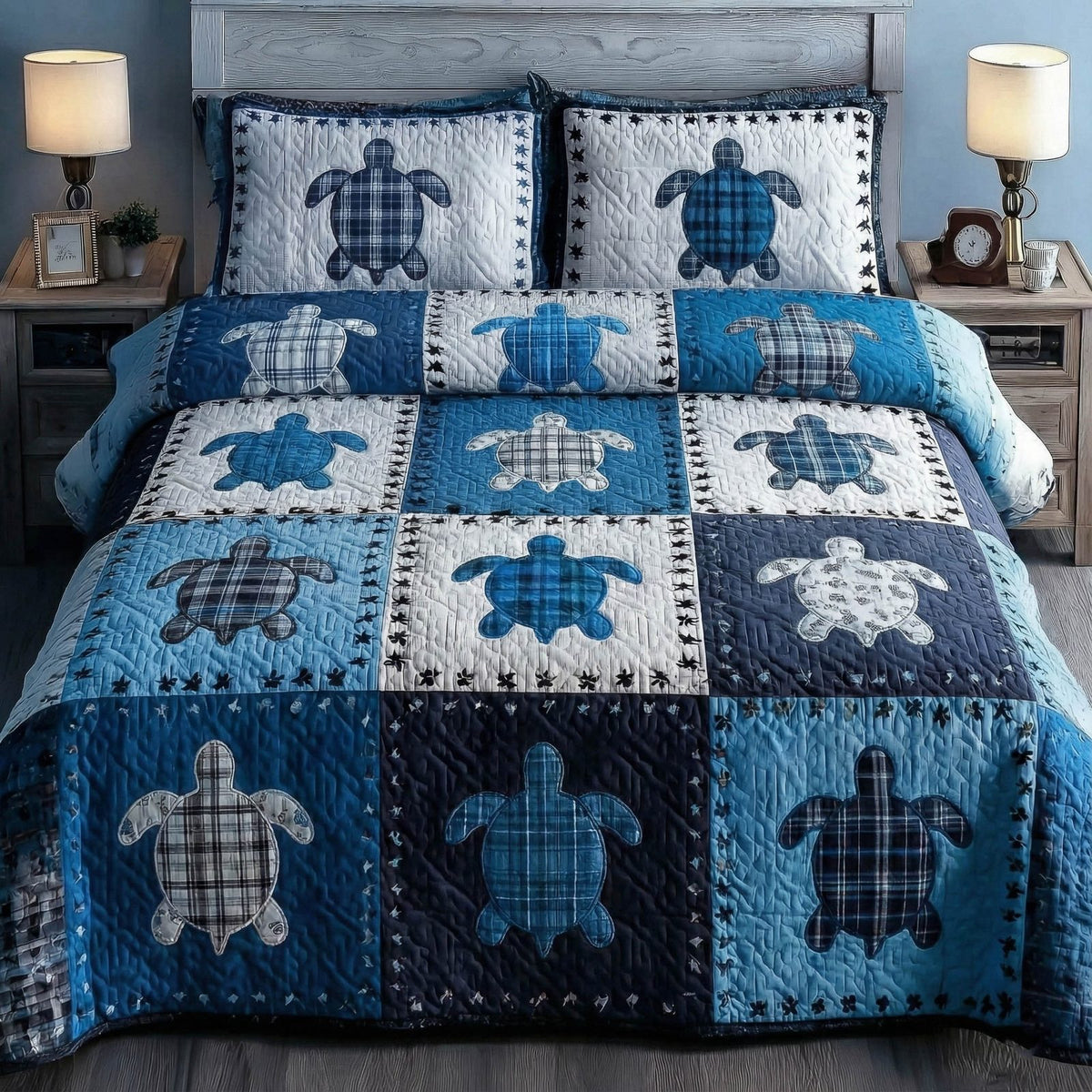 Turtle Patchwork Blue quilted 3-piece bedding set on a made bed in a light coastal bedroom
