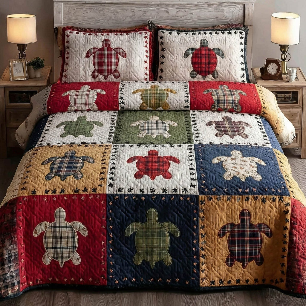 Turtle Patchwork Red quilted 3-piece bedding set on a made bed in a light coastal bedroom