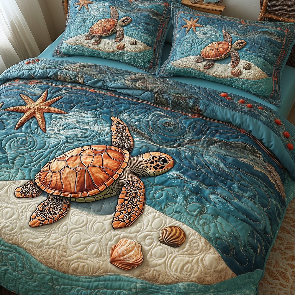 Turtle Sky quilted 3-piece bedding set on a made bed in a light coastal bedroom
