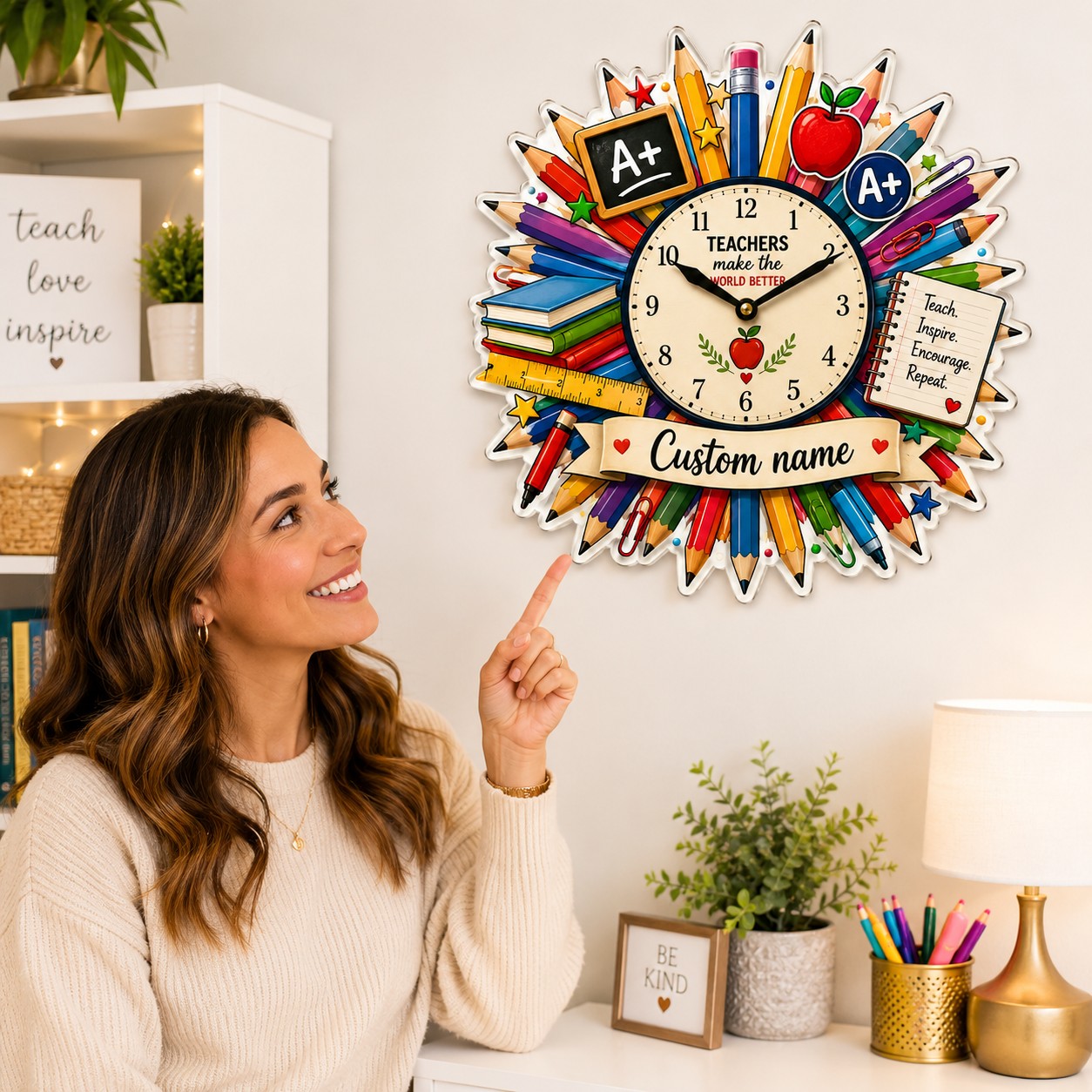 Teacher pencil Custom Name Wall Clock — personalized with a custom name