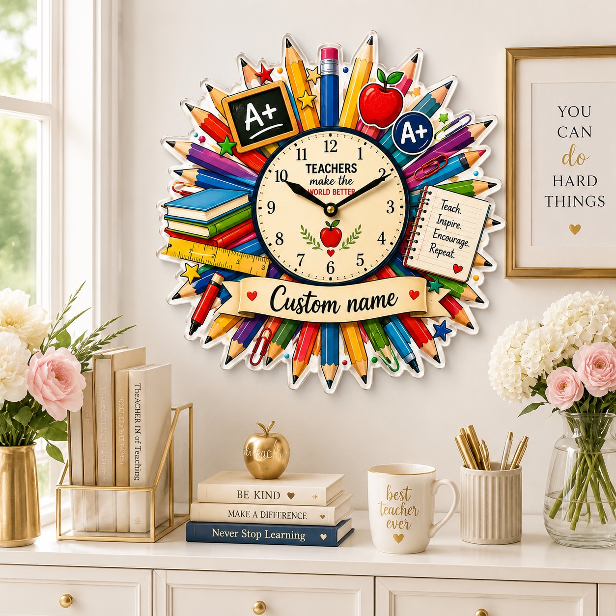 Teacher pencil Custom Name Wall Clock — personalized with a custom name