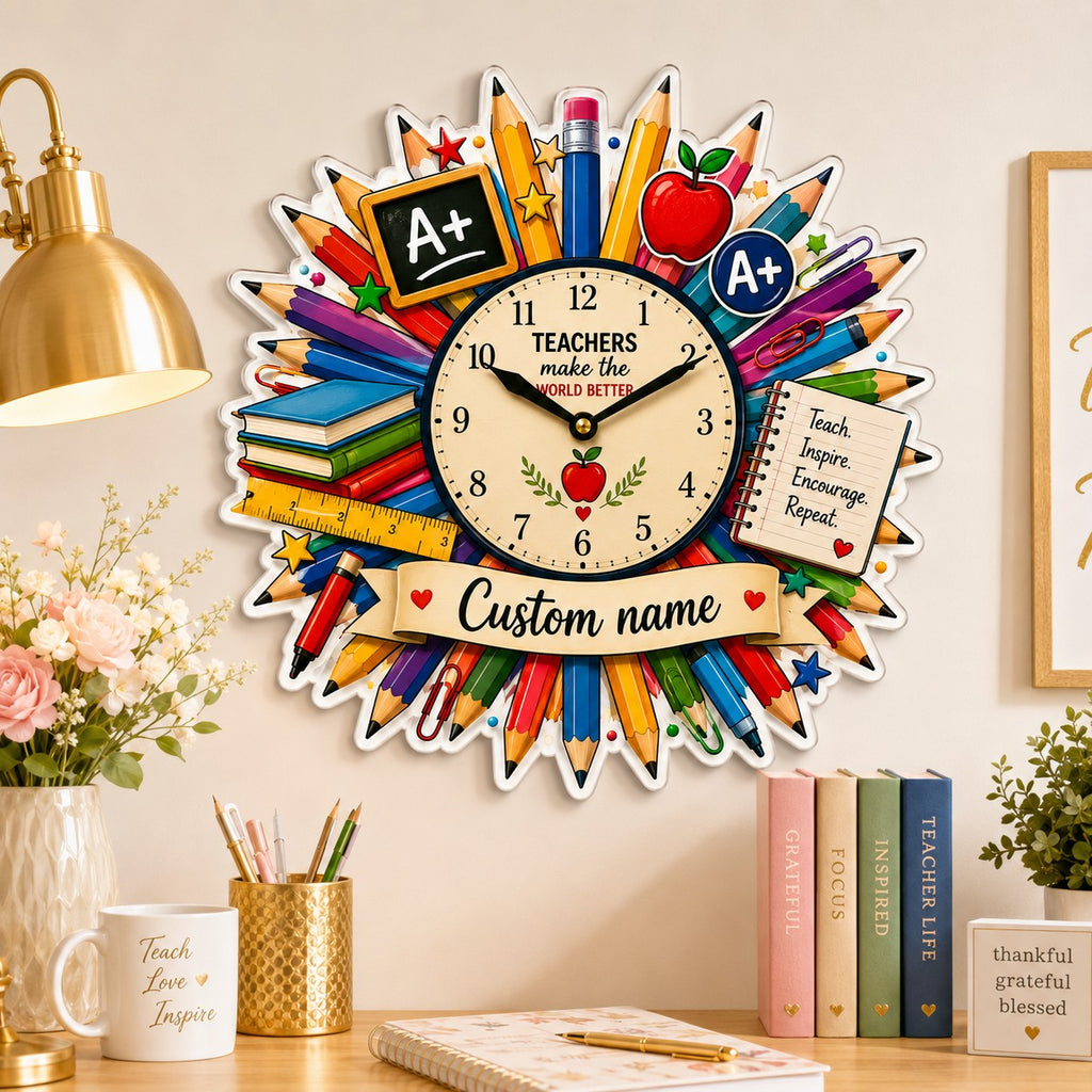 Teacher pencil Custom Name Wall Clock — personalized with a custom name