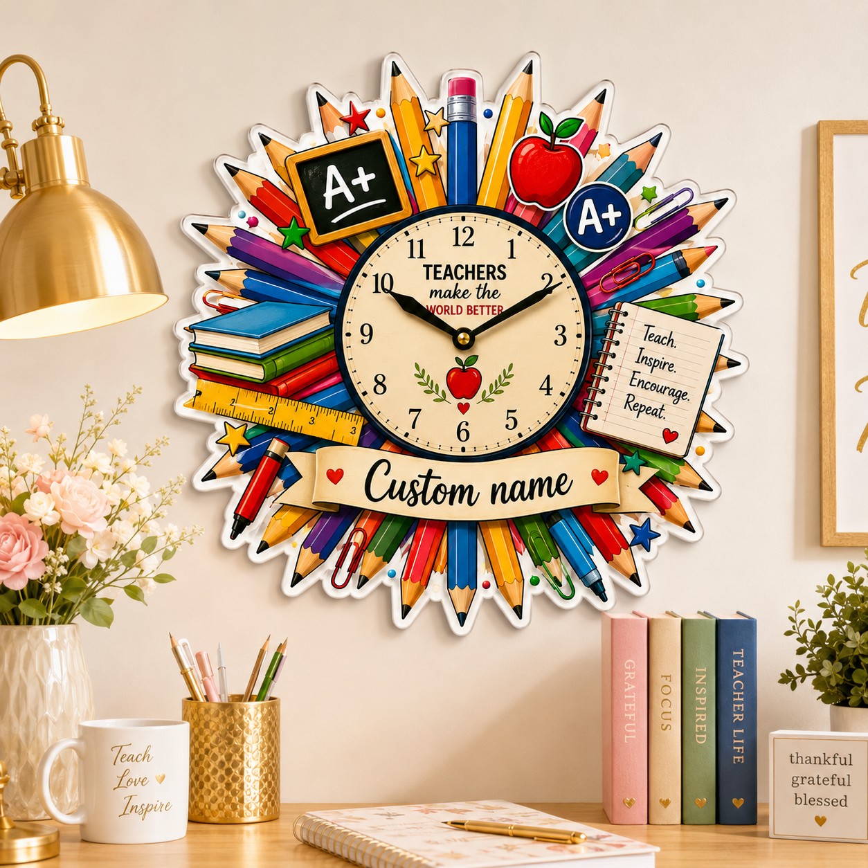 Teacher pencil Custom Name Wall Clock — personalized with a custom name