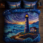 Twilight Lighthouse Waves quilted 3-piece bedding set on a made bed in a light coastal bedroom