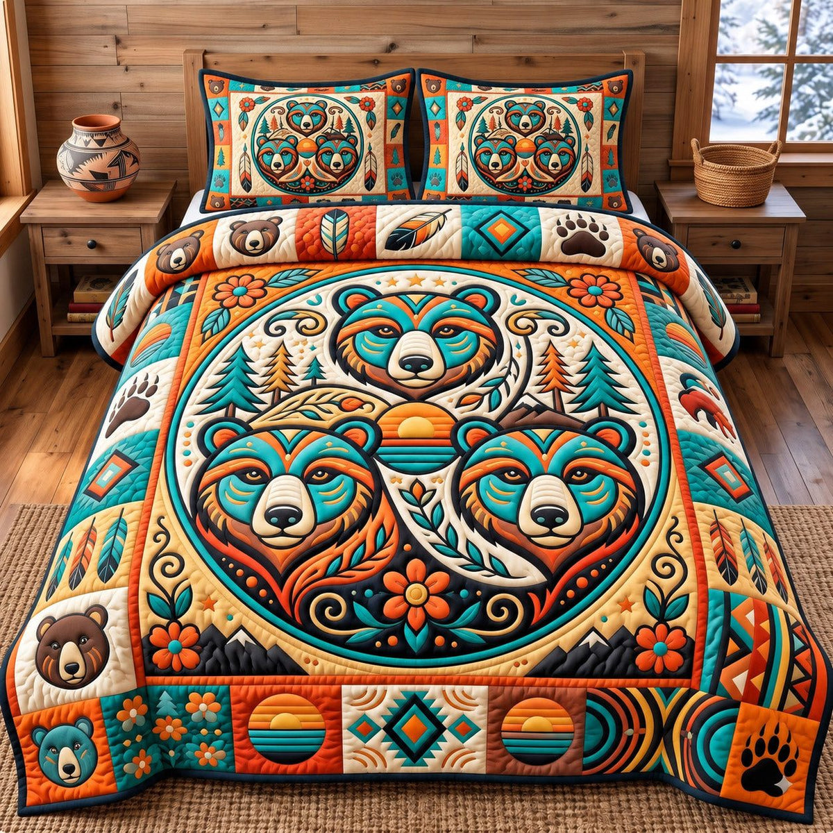 Twin Bears Native Heritage quilted 3-piece bedding set on a made bed in a farmhouse bedroom