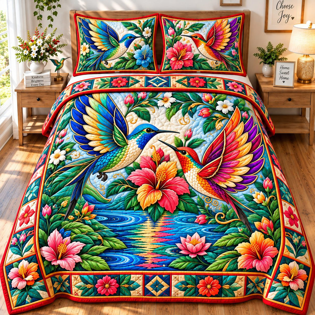 Twin Hummingbird Jeweled Dance quilted 3-piece bedding set on a made bed with two matching pillow shams