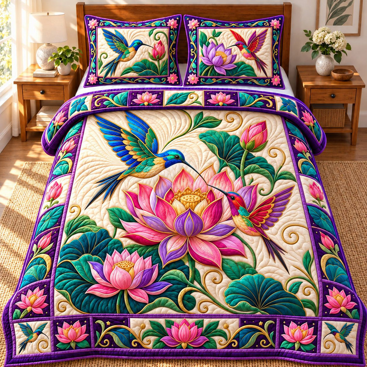 Twin Hummingbird Lotus Harmony quilted 3-piece bedding set on a made bed with two matching pillow shams
