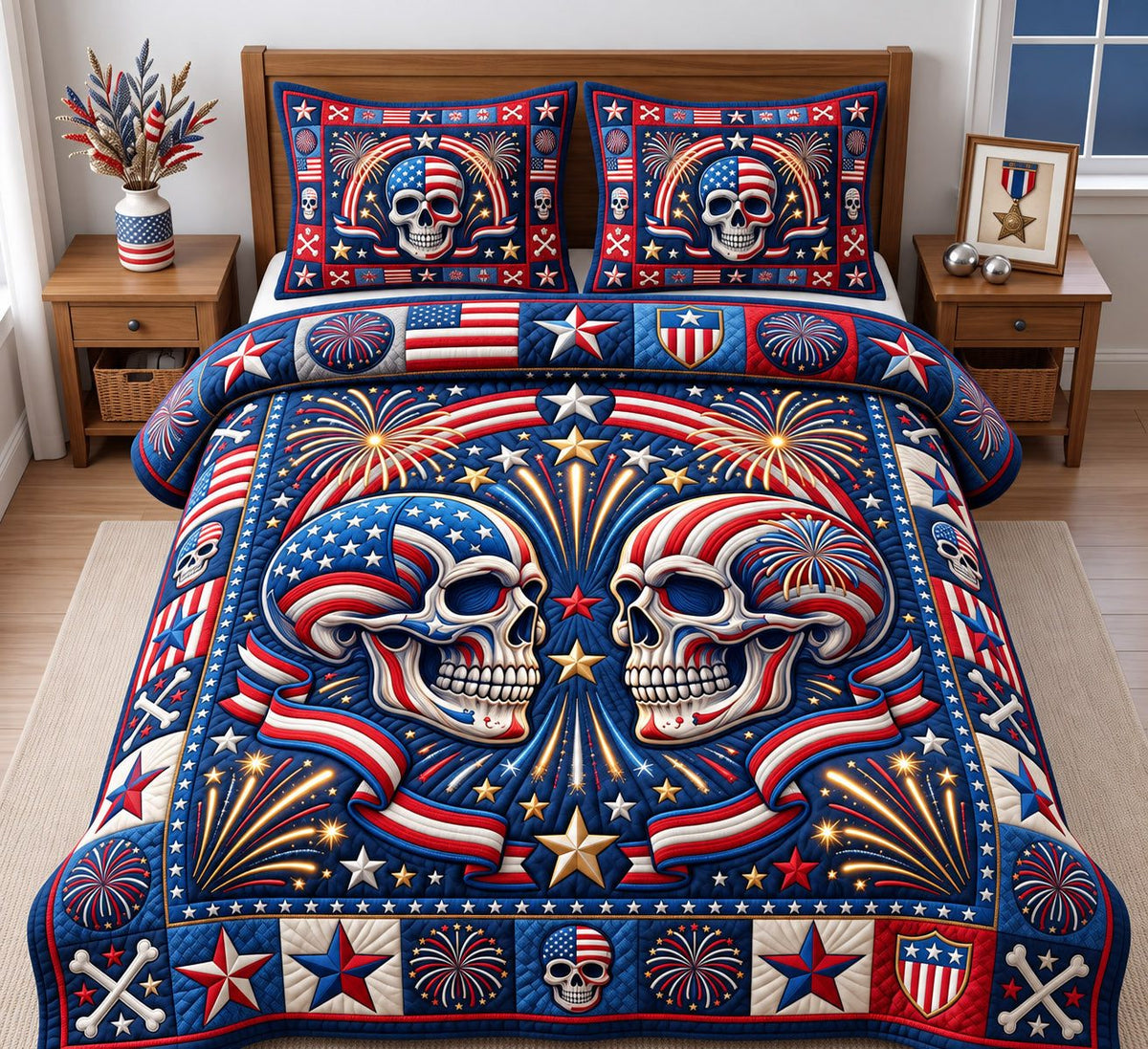 Twin Skulls Fireworks Patriotic quilted 3-piece bedding set on a made bed against a dark styled interior