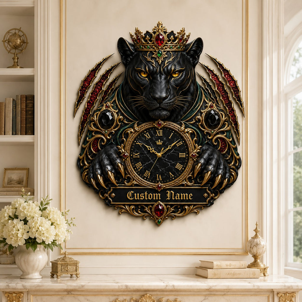 Personalized crowned black panther wall clock — personalized with a custom name