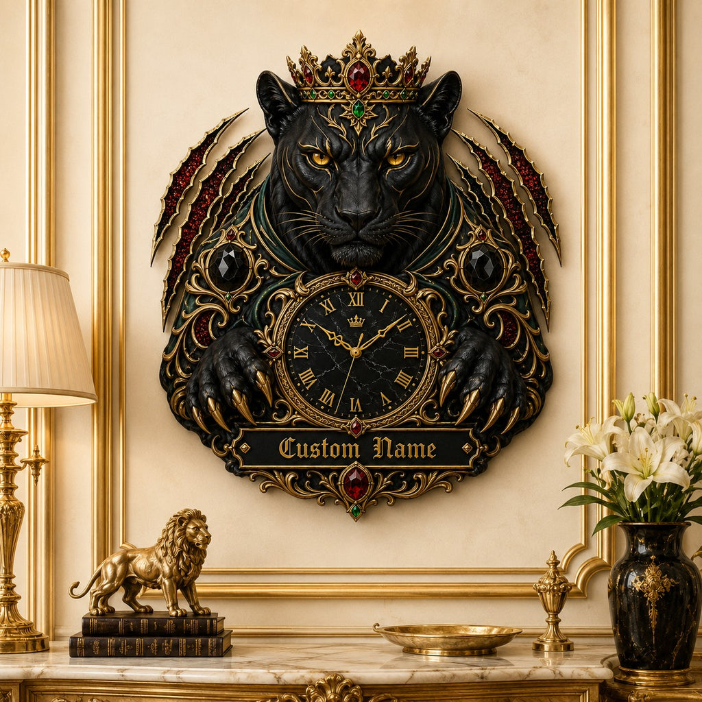 Personalized crowned black panther wall clock — personalized with a custom name