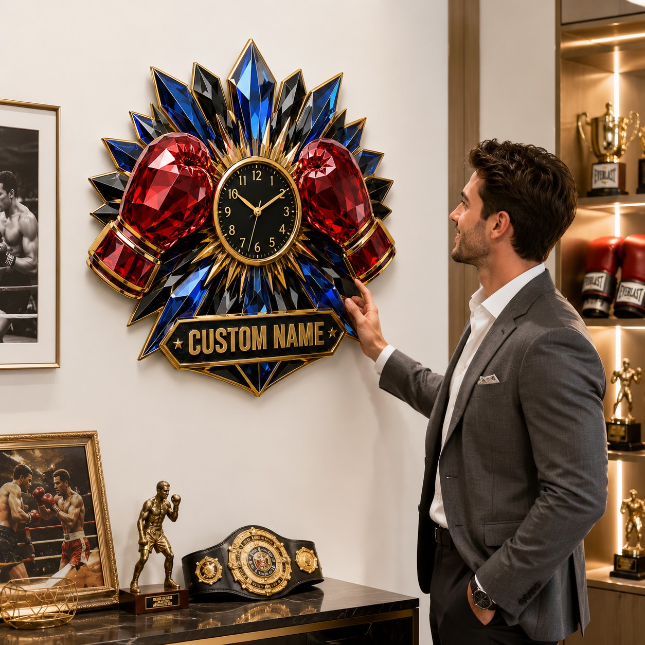 Boxing gloves Custom Name Wall Clock — personalized with a custom name