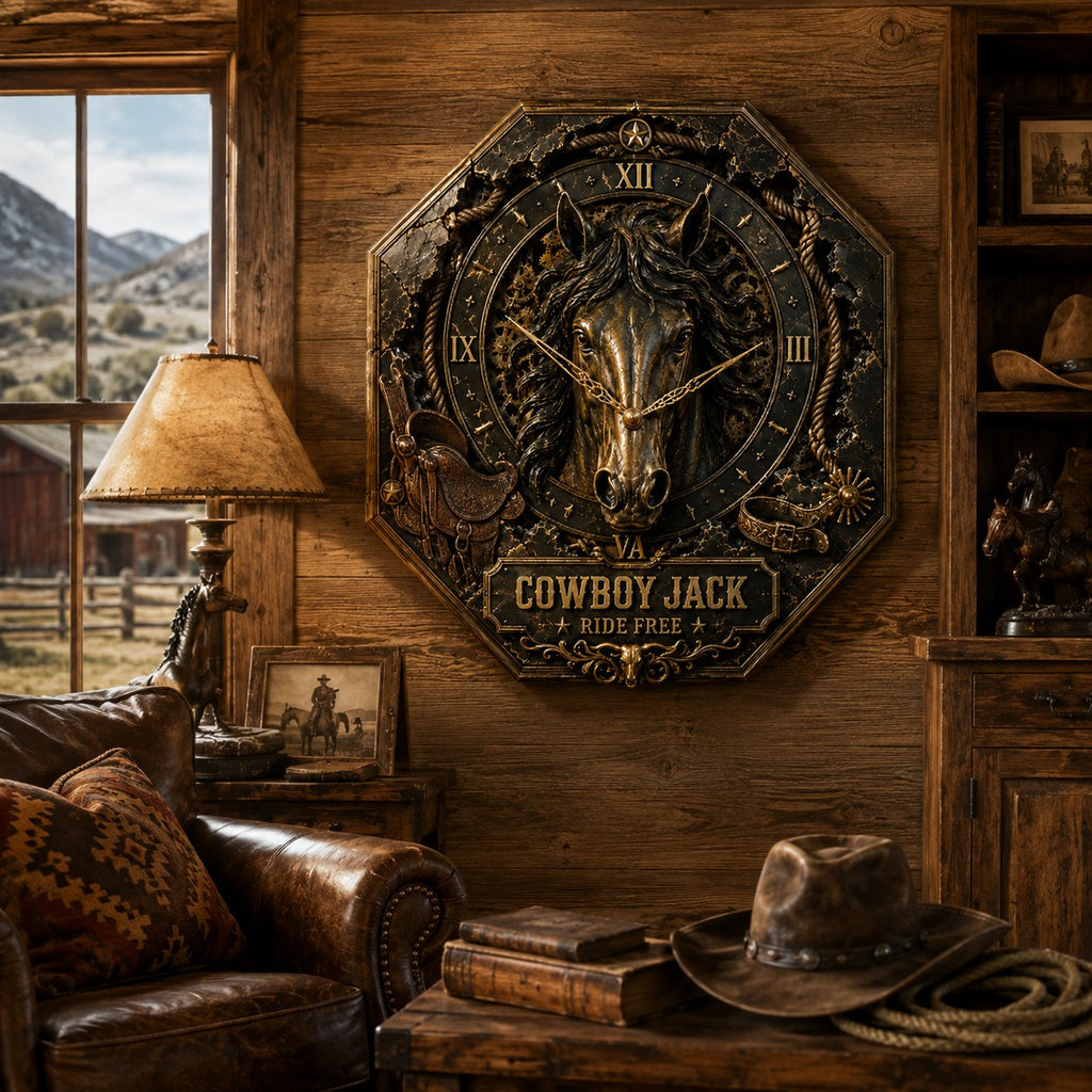 Personalized Western Cowboy Horse Custom Name Wall Clock — personalized with a custom name