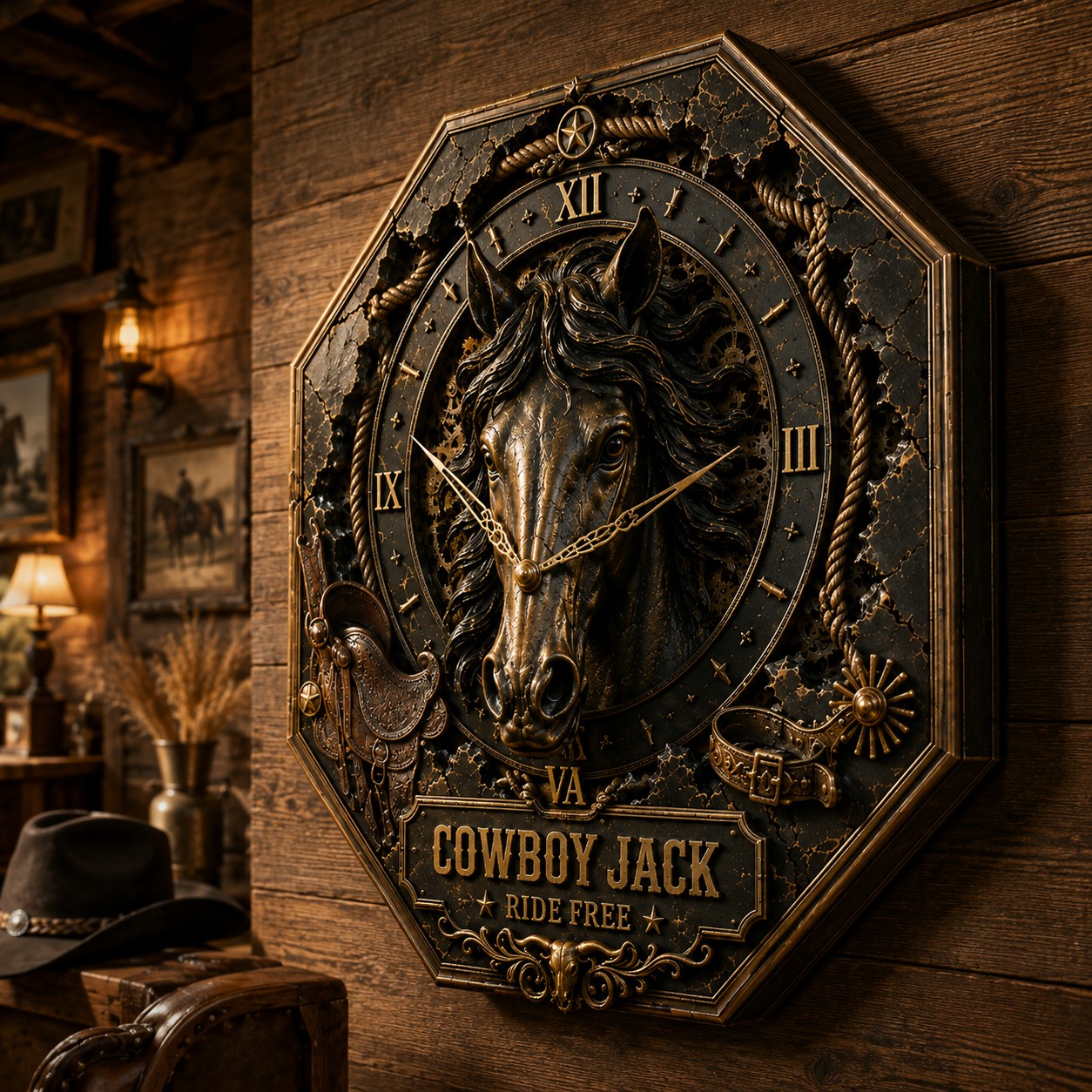 Personalized Western Cowboy Horse Custom Name Wall Clock — personalized with a custom name