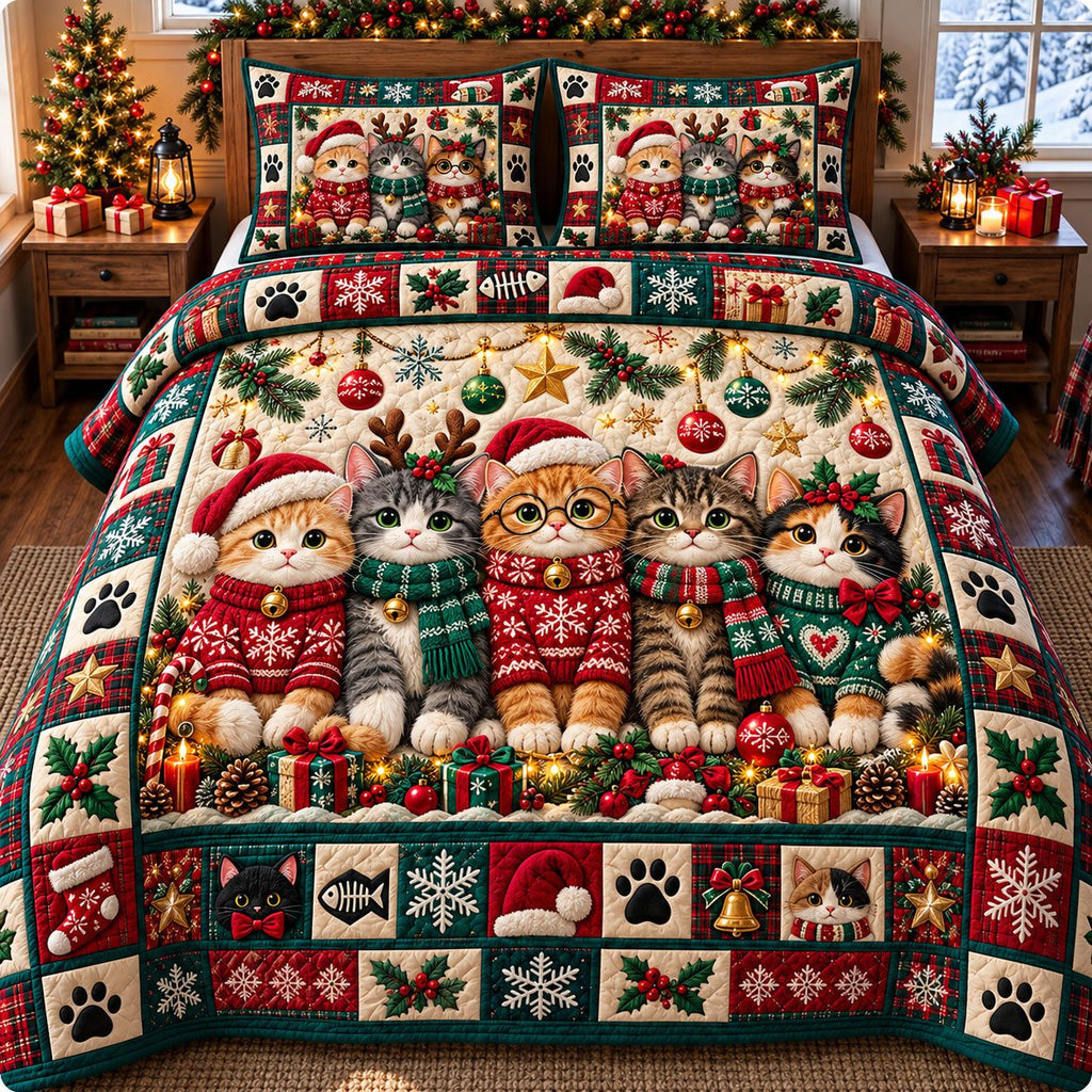 Ugly Sweater Cat Row quilted 3-piece bedding set on a made bed with two matching pillow shams