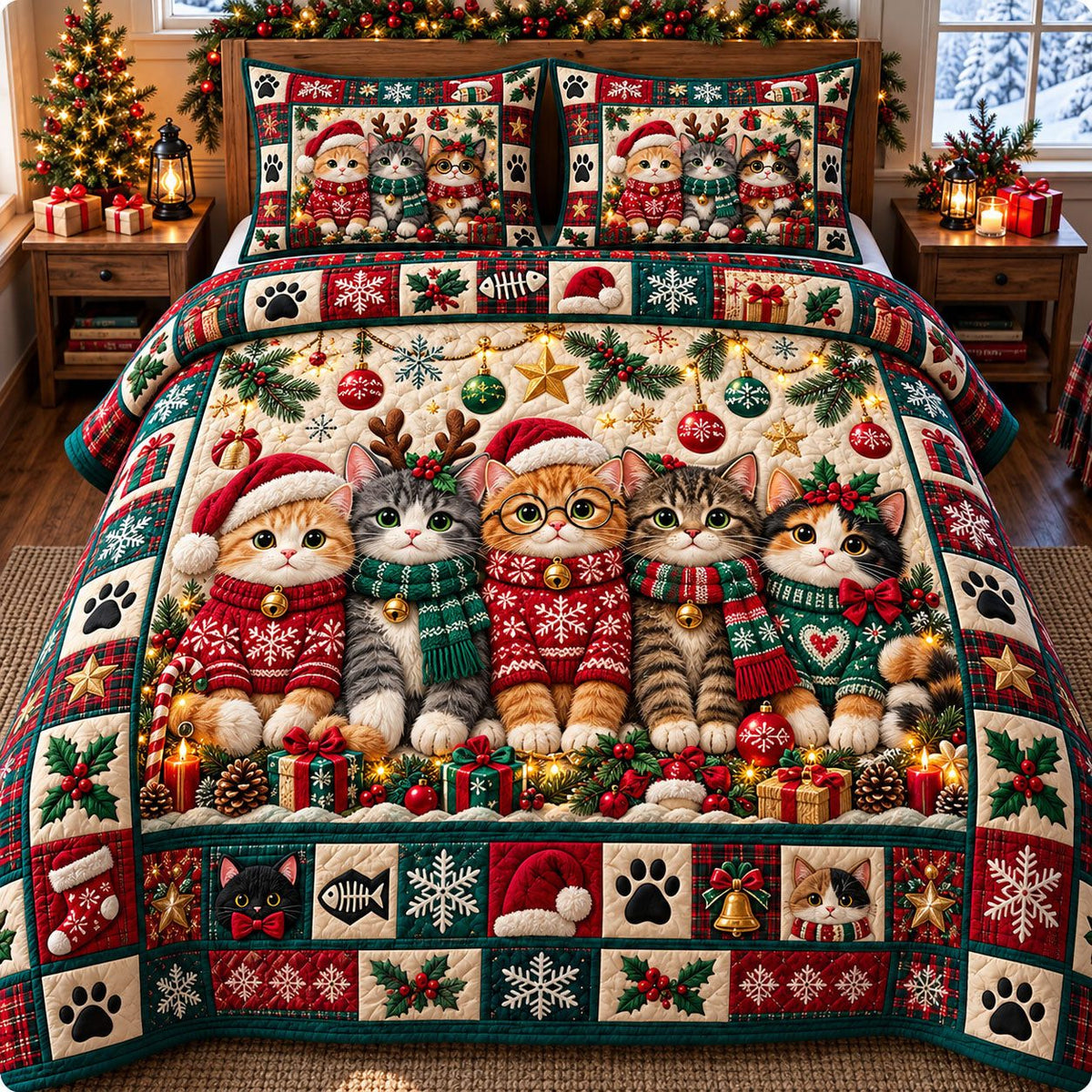 Ugly Sweater Cat Row quilted 3-piece bedding set on a made bed with two matching pillow shams