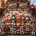 Ugly Sweater Cat Row quilted 3-piece bedding set on a made bed with two matching pillow shams