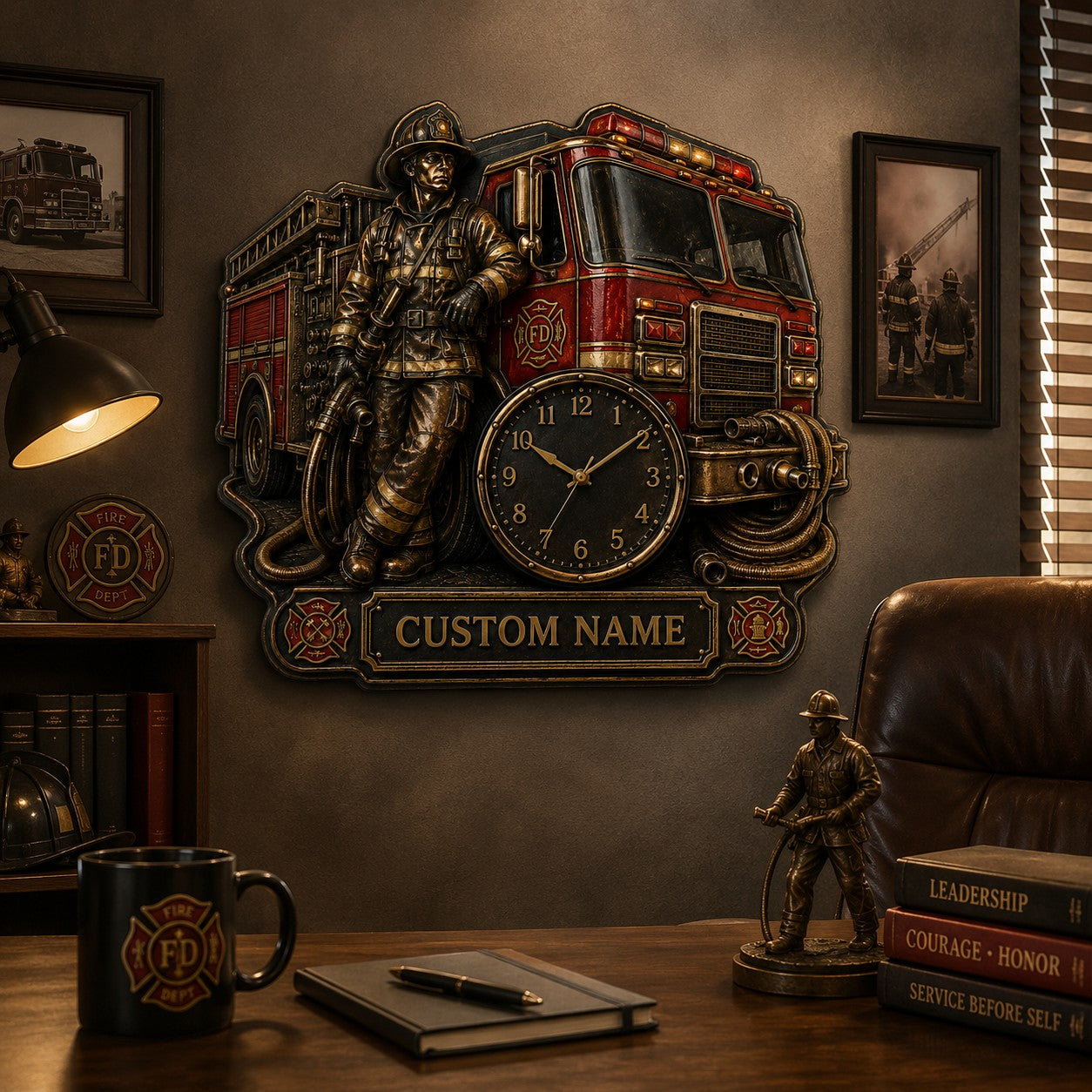 Fire engine collectors Custom Name Wall Clock — personalized with a custom name