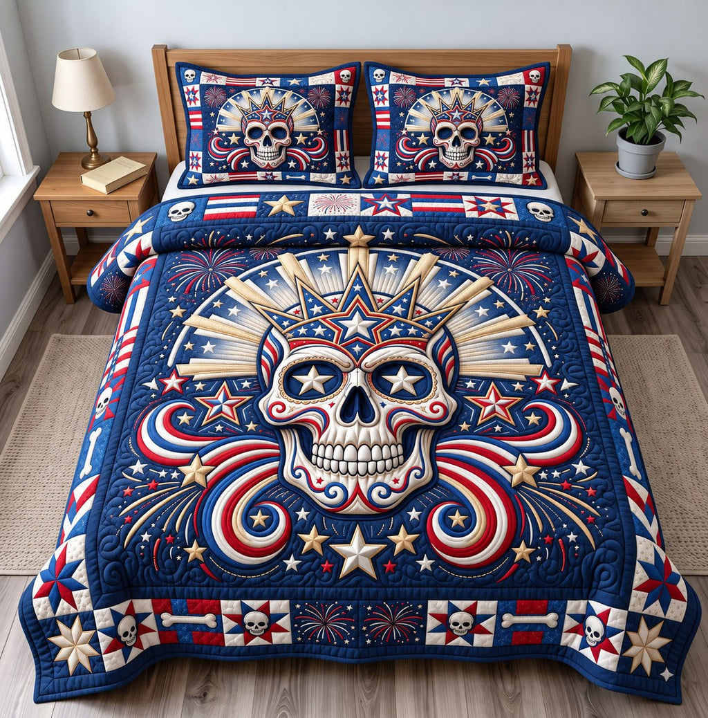 Uncle Sam Hat Patriotic Skull quilted 3-piece bedding set on a made bed against a dark styled interior
