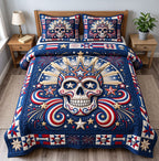 Uncle Sam Hat Patriotic Skull quilted 3-piece bedding set on a made bed against a dark styled interior