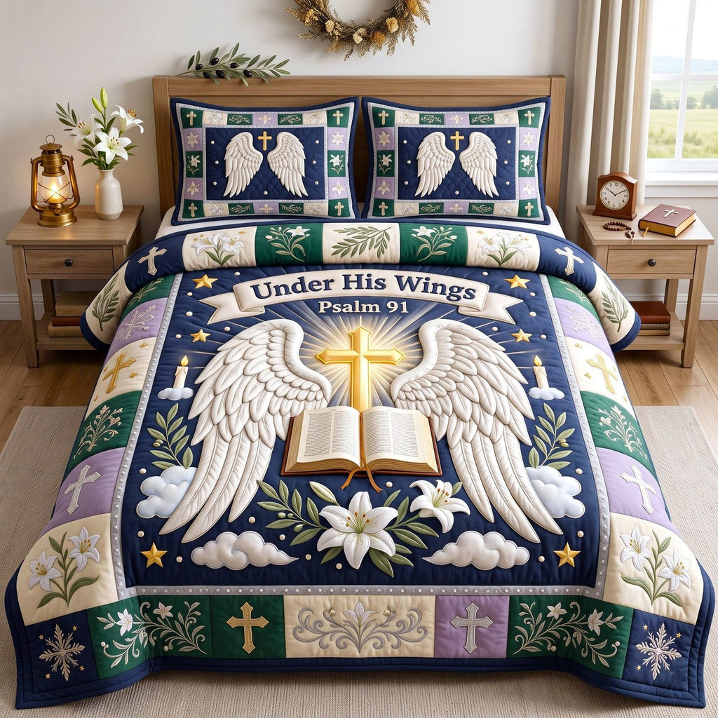 Under His Wings Psalm 91 quilted 3-piece bedding set on a made bed in a softly lit bedroom