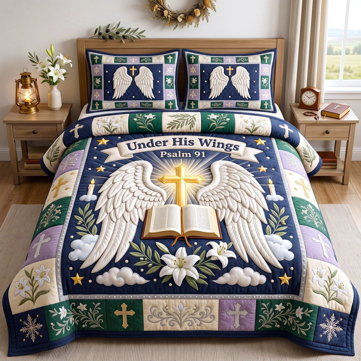 Under His Wings Psalm 91 quilted 3-piece bedding set on a made bed in a softly lit bedroom