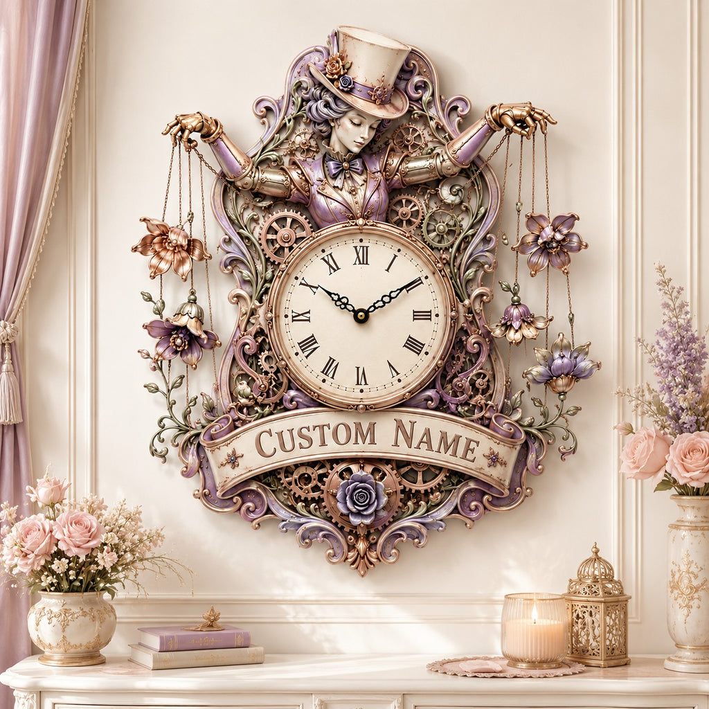 Personalized floral puppet wall clock — personalized with a custom name