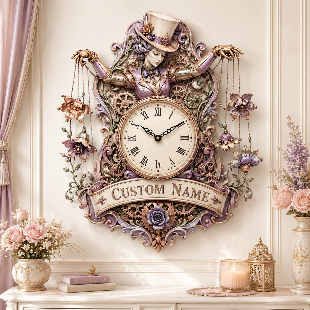 Personalized floral puppet wall clock — personalized with a custom name