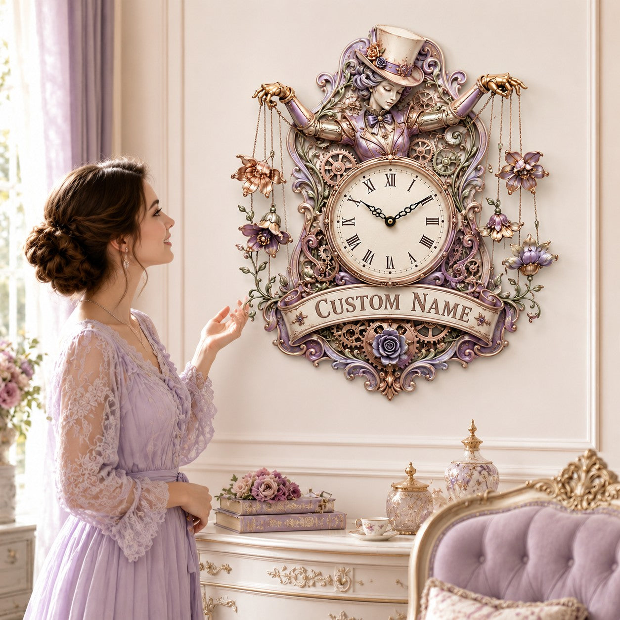Personalized floral puppet wall clock — personalized with a custom name