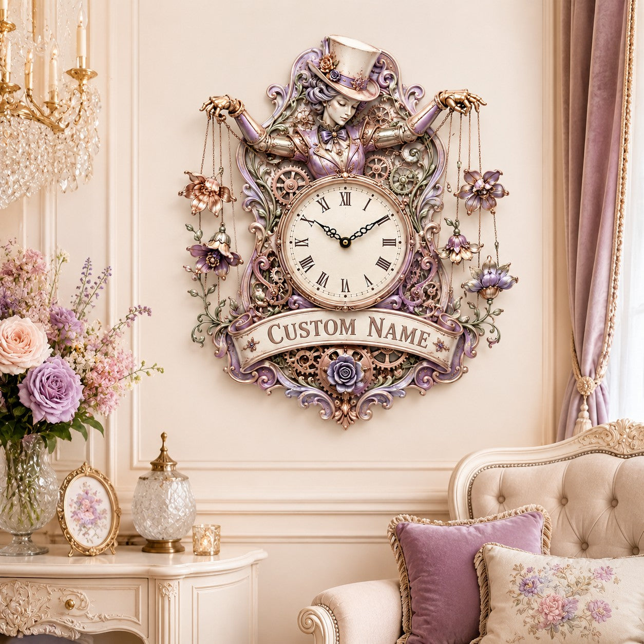 Personalized floral puppet wall clock — personalized with a custom name