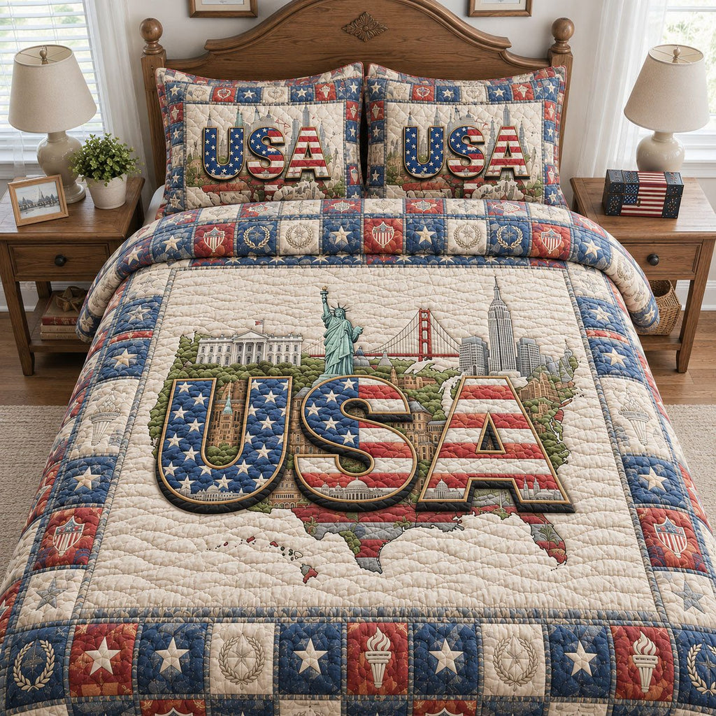 USA pride quilted 3-piece bedding set on a made bed in a warmly lit bedroom