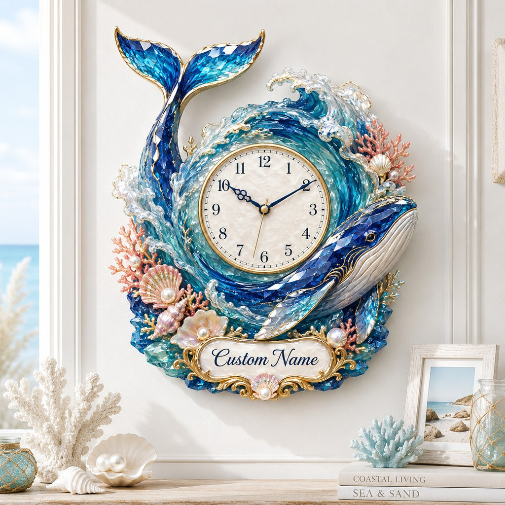 Personalized whale wave wall clock — personalized with a custom name