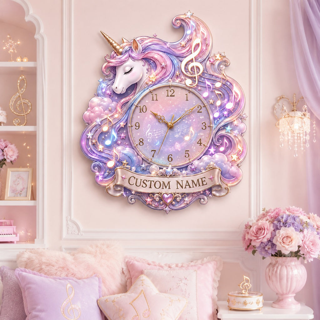 Personalized musical unicorn wall clock — personalized with a custom name