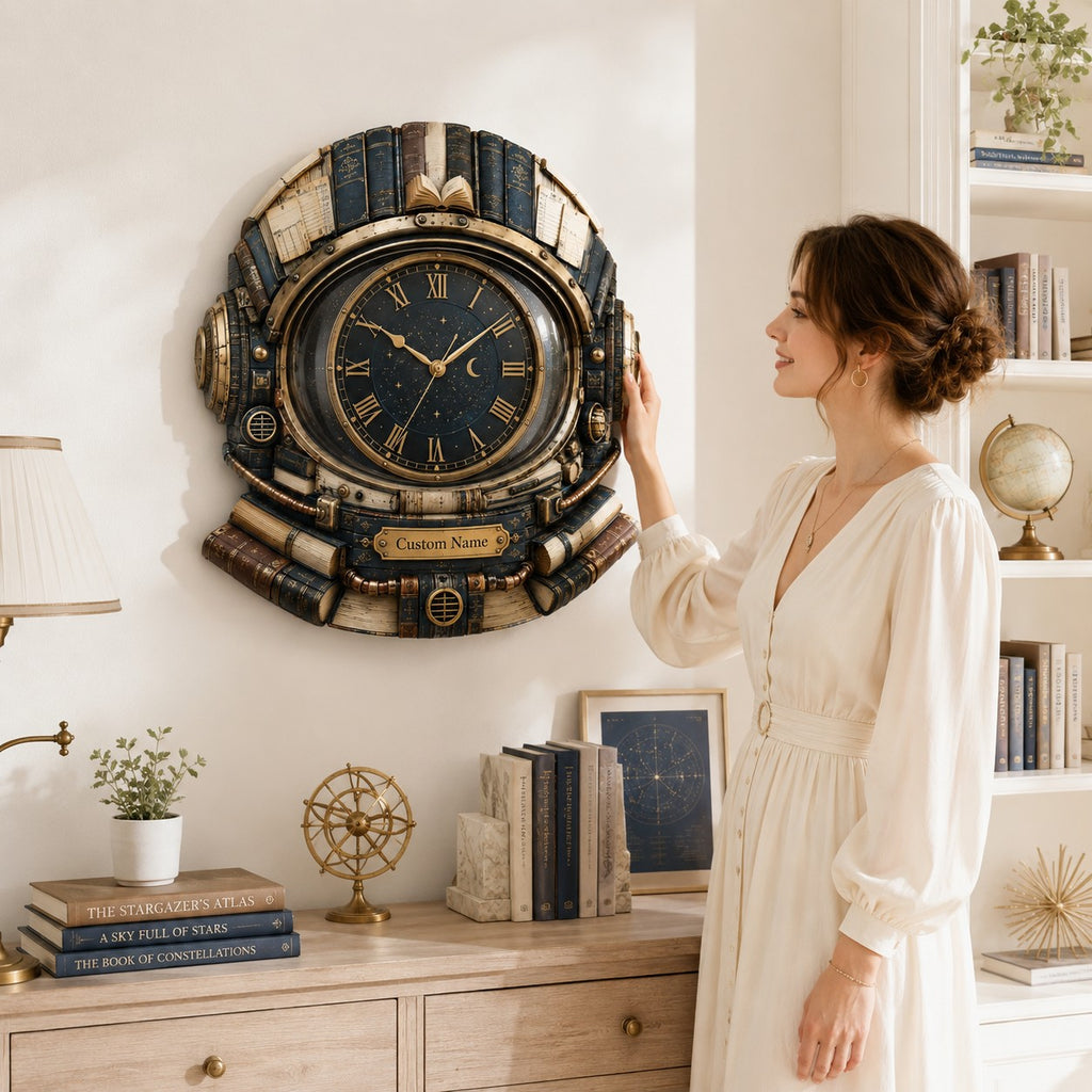 Astronaut Book Lover Custom Name Wall Clock — personalized with a custom name