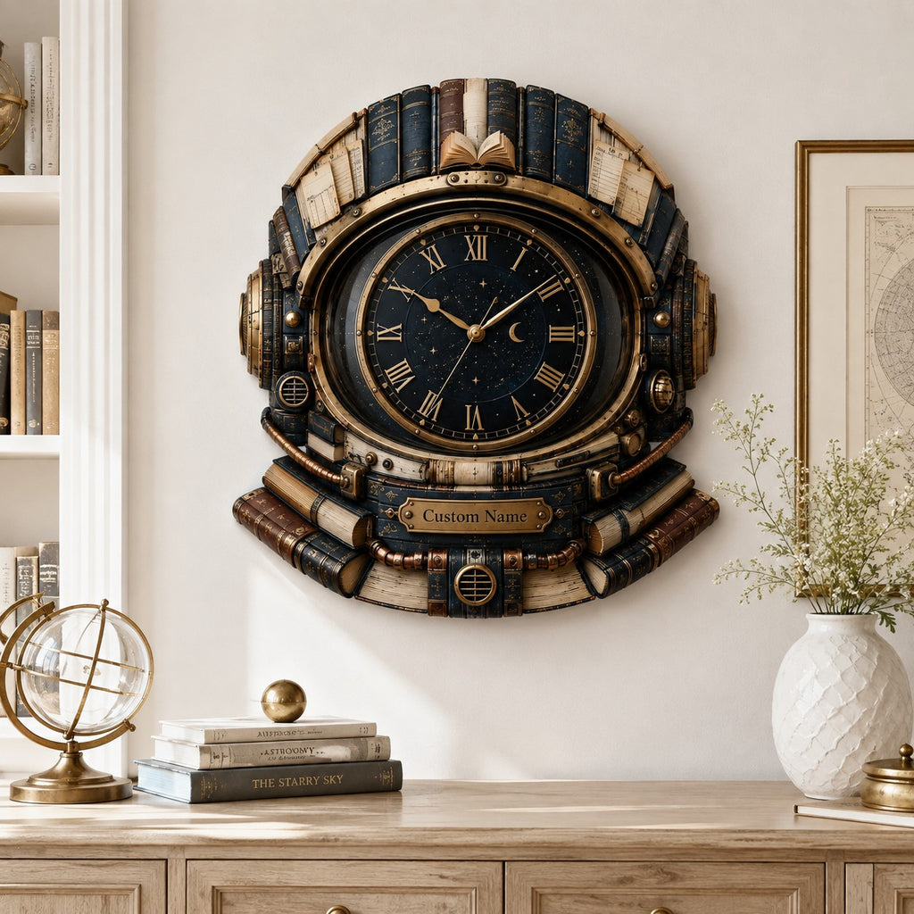 Astronaut Book Lover Custom Name Wall Clock — personalized with a custom name