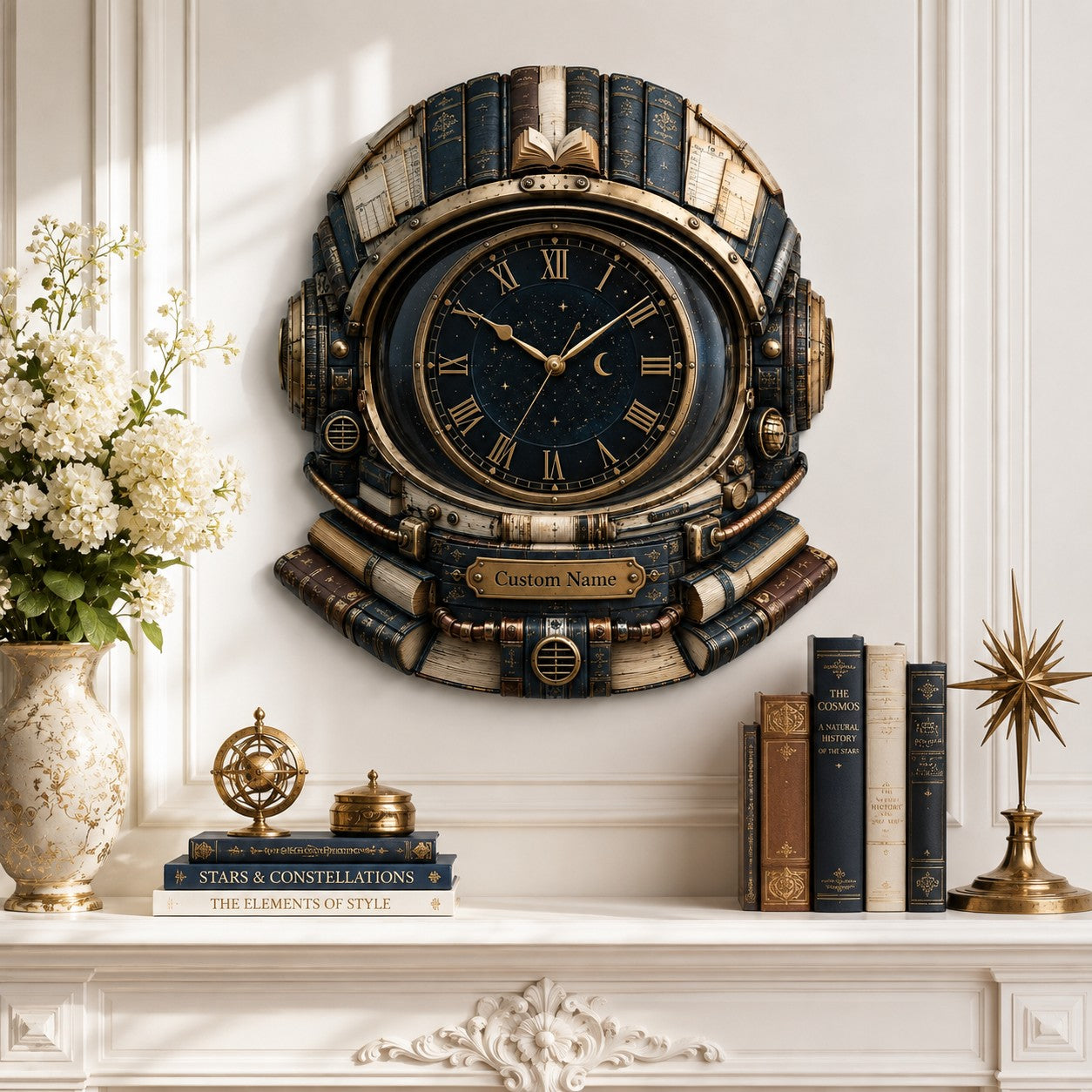 Astronaut Book Lover Custom Name Wall Clock — personalized with a custom name