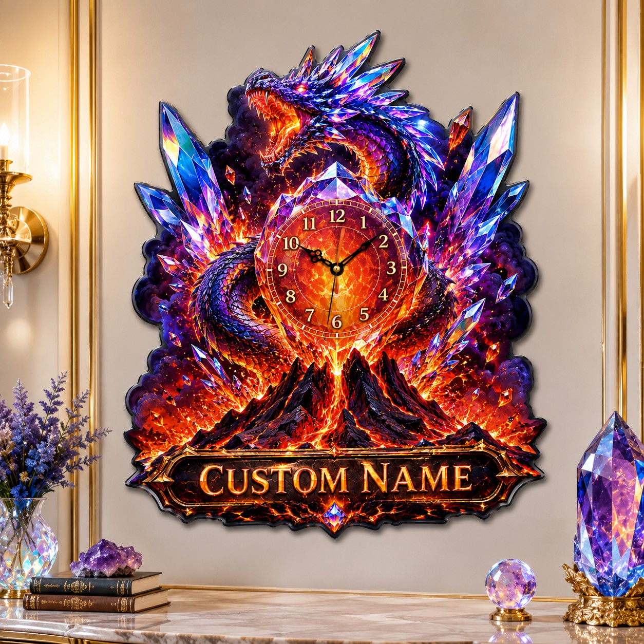 Crystal dragon Custom Name Wall Clock — personalized with a custom name