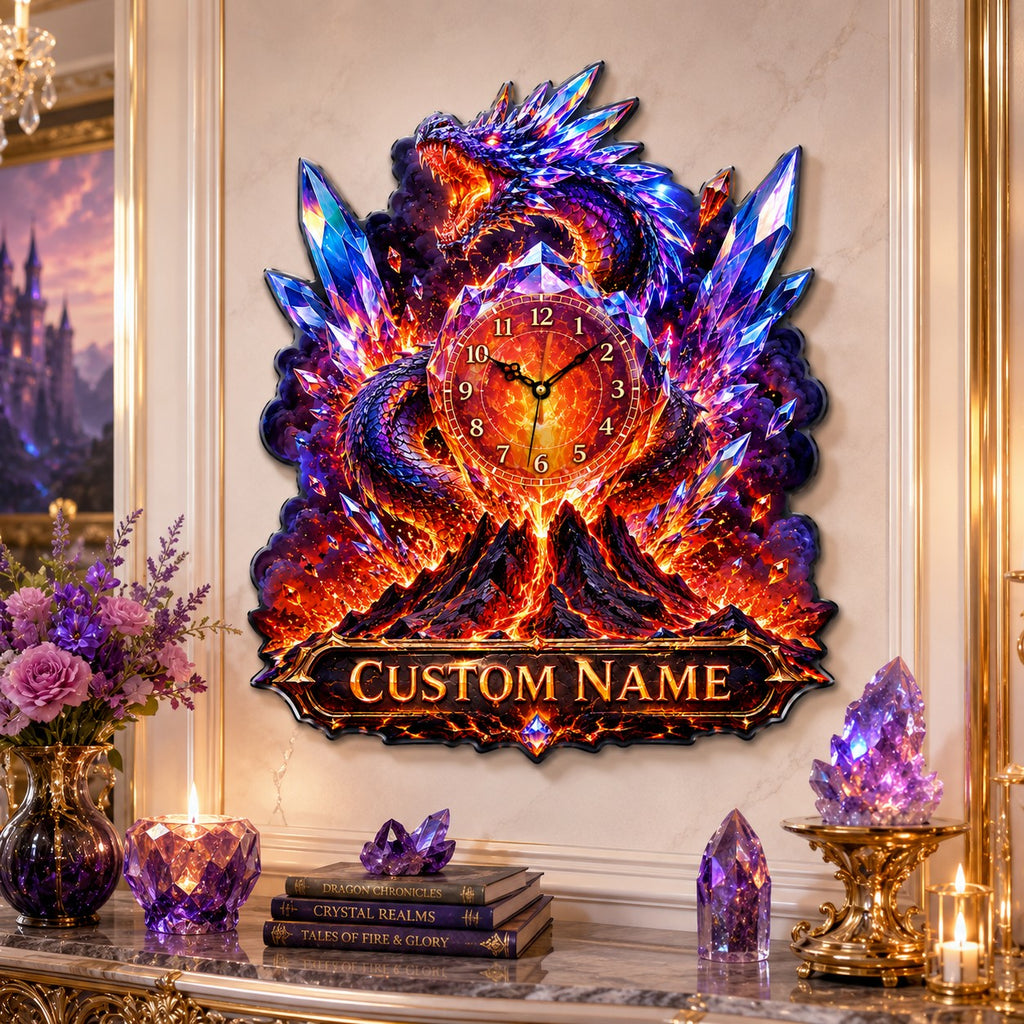 Crystal dragon Custom Name Wall Clock — personalized with a custom name