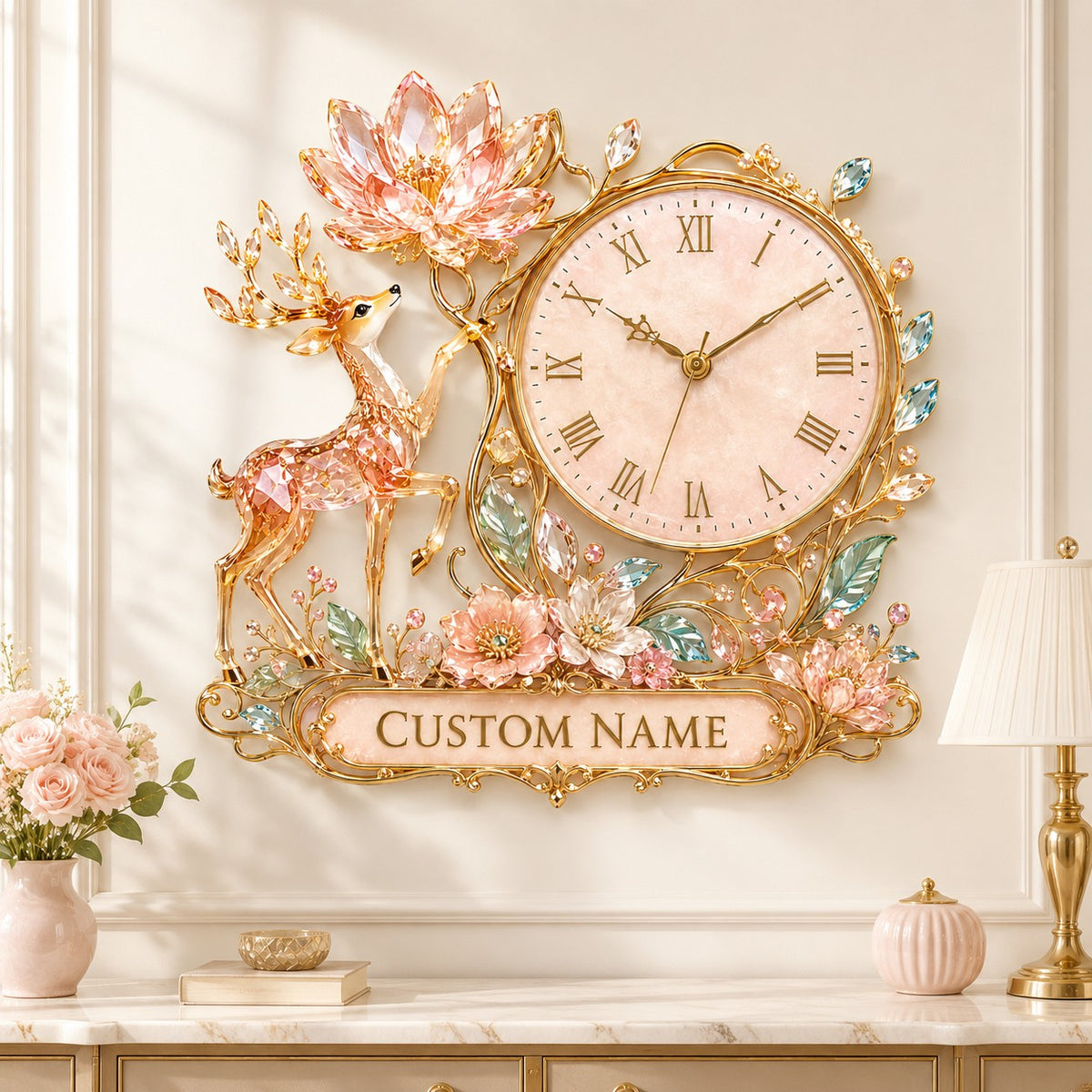 Personalized pink crystal deer and lotus wall clock — personalized with a custom name