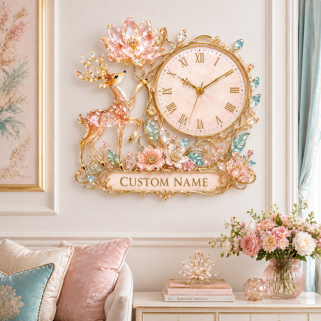 Personalized pink crystal deer and lotus wall clock — personalized with a custom name