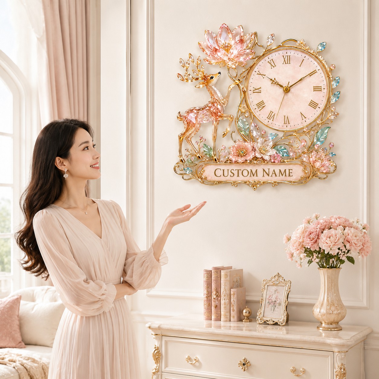 Personalized pink crystal deer and lotus wall clock — personalized with a custom name