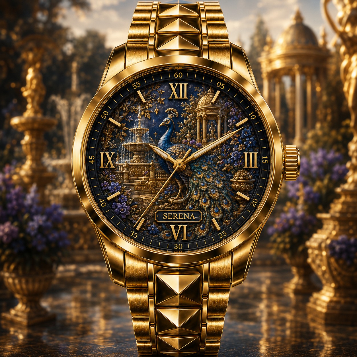 Custom Royal Peacock Garden Watch — personalized with a custom name