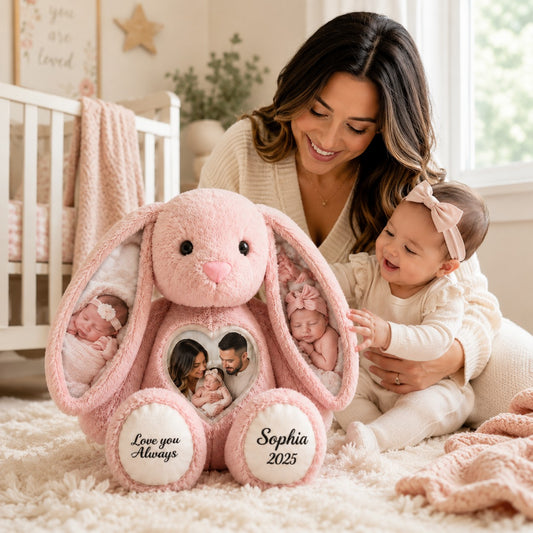 Baby photo bunny Custom Name Wall Clock — personalized with a custom name